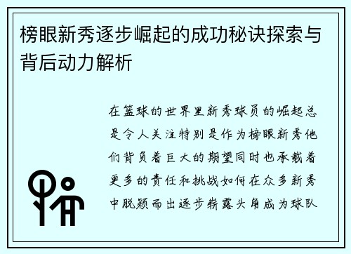 榜眼新秀逐步崛起的成功秘诀探索与背后动力解析