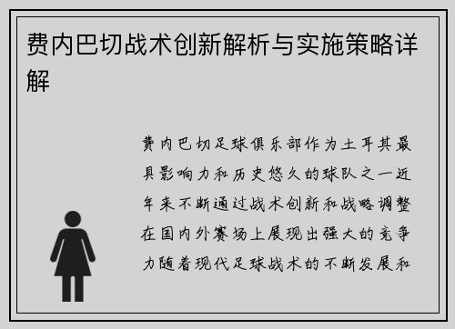 费内巴切战术创新解析与实施策略详解 费内巴切战术创新解析与实施策略详解